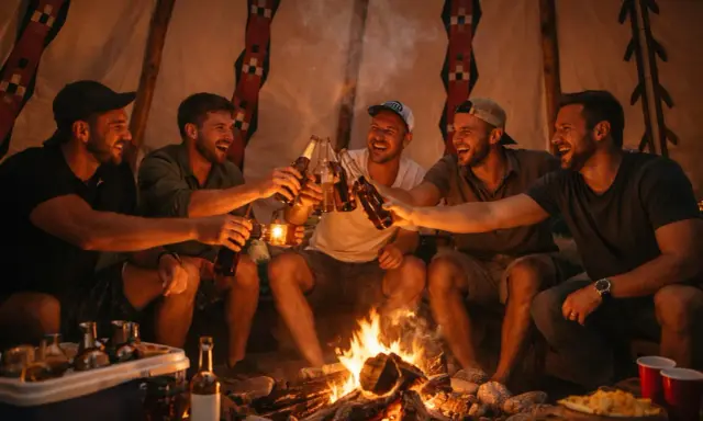 Pięciu uśmiechniętych mężczyzn wznosi toasty butelkami piwa przy ognisku. Niezapomniany wieczór kawalerski w górach.