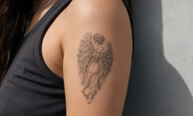 Tatouage d'ange aux ailes déployées, évoquant la protection et la spiritualité. L'auréole ange signification est ici représentée par la grâce de l'œuvre.