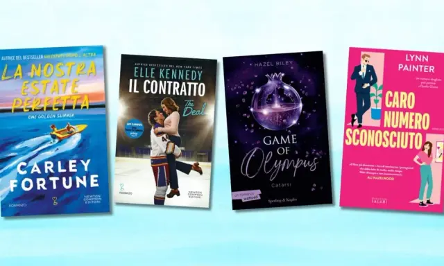 Quattro copertine di libri di narrativa: "La nostra estate perfetta", "Il contratto", "Game of Olympus" e "Caro numero sconosciuto".