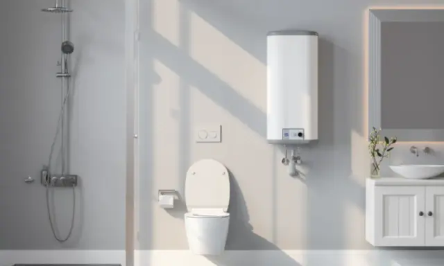 Modernes Gäste-WC mit Dusche, WC und Waschbecken. Ein weißer Durchlauferhitzer hängt an der Wand über dem WC.