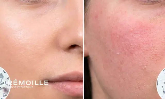 Comparaison de peaux : une saine et une irritée, avec des images microscopiques montrant le microbiome cutané.