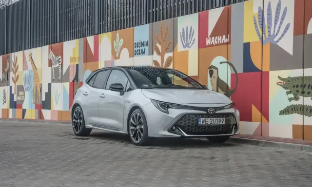 Srebrna Toyota Corolla GR na tle kolorowego muralu z motywami zwierzęcymi.
