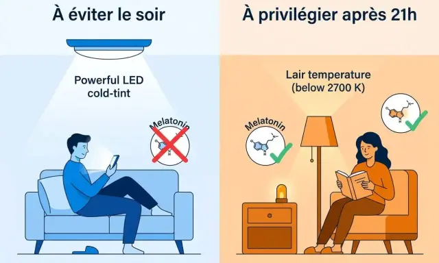Évitez la lumière bleue froide le soir, car elle nuit à la mélatonine. Privilégiez une lumière chaude (sous 2700 K) après 21h pour ses bienfaits sur le sommeil.