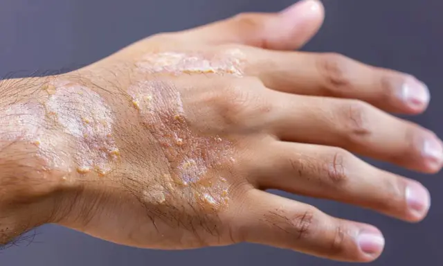 Main d'une personne atteinte de psoriasis, montrant des plaques rouges et squameuses. Une solution à base d'huile essentielle pourrait aider à soulager ces symptômes.