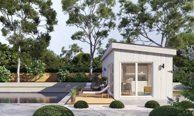 Modern poolhus med loungegrupp och solstol vid poolen. Perfekt poolhus inspiration för avkoppling.