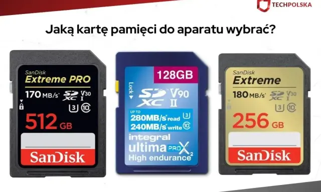 Trzy karty pamięci SanDisk: 512 GB Extreme PRO, 128 GB Integral Ultima ProX2 i 256 GB Extreme. Wybierz odpowiednią kartę flash do swojego aparatu.