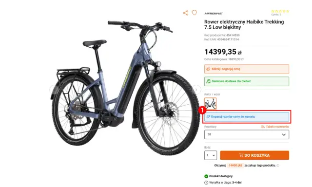 Niebieski rower elektryczny Haibike Trekking 7.5 Low. Wybierz odpowiedni rozmiar ramy roweru, aby dopasować go do swojego wzrostu.
