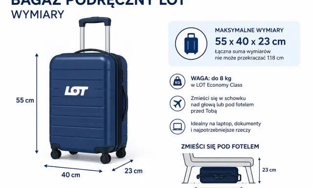 Granatowy bagaż podręczny LOT o wymiarach 55x40x23 cm, idealny na podróż.