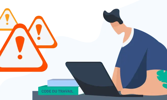 Personne travaillant sur un ordinateur portable, entourée de panneaux d'avertissement. Le livre "Code du Travail" est visible, soulignant le risque télétravail.