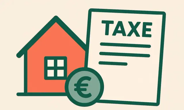 Maison, pièce de monnaie euro et document "TAXE". Illustration symbolisant la taxe foncière terrain nu.