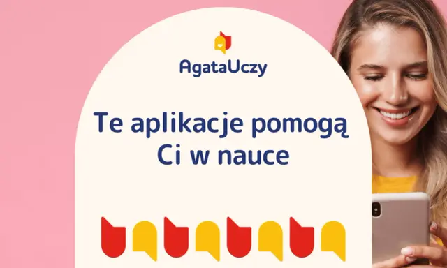 Uśmiechnięta dziewczyna z telefonem. Napis: "Te aplikacje pomogą Ci w nauce". Odkryj najlepsze aplikacje do nauki!