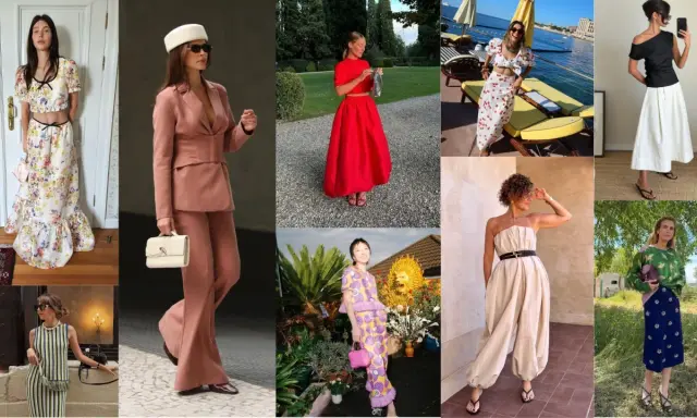 A collage of women in stylish, no suit wedding attire. Looks include floral maxi dresses, a pink pantsuit, a red ensemble, and a cherry-print outfit.