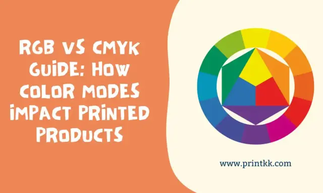 Guía: RGB vs CMYK, cómo los modos de color impactan productos impresos. Rueda de colores y texto.