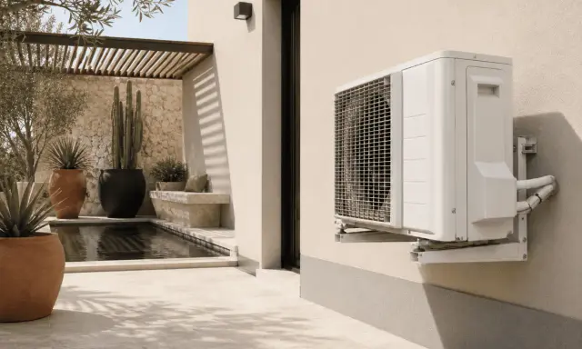 Unité extérieure d'une pompe à chaleur air air ou air eau, fixée sur un mur de maison, avec une piscine et des plantes en arrière-plan.