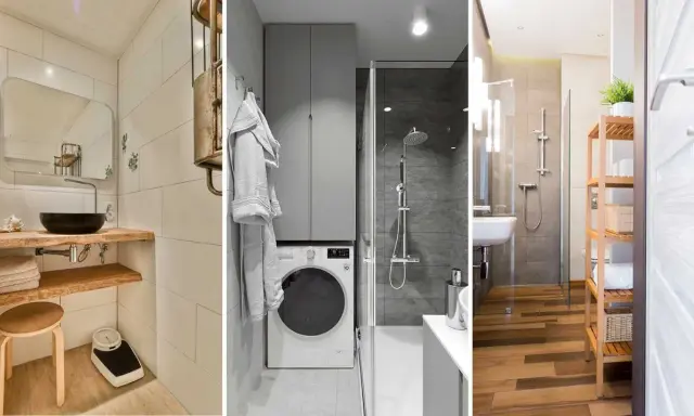Tre små badrum: ett med trädetaljer och svart handfat, ett med tvättmaskin och dusch, samt ett med trägolv och hyllor.
