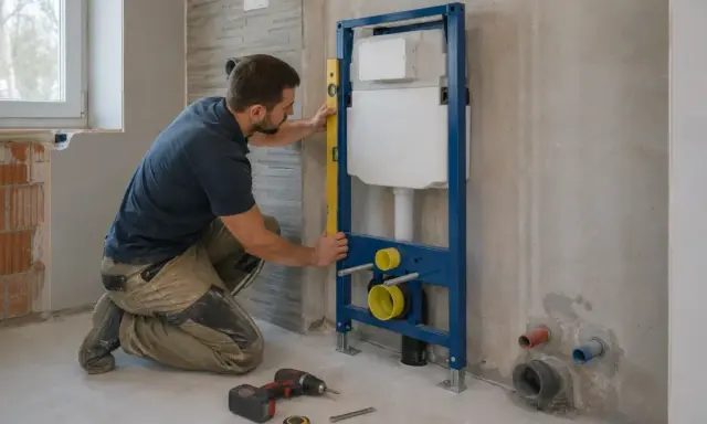 Instalator sprawdza poziomem stelaż podtynkowy WC, przygotowując łazienkę do montażu.