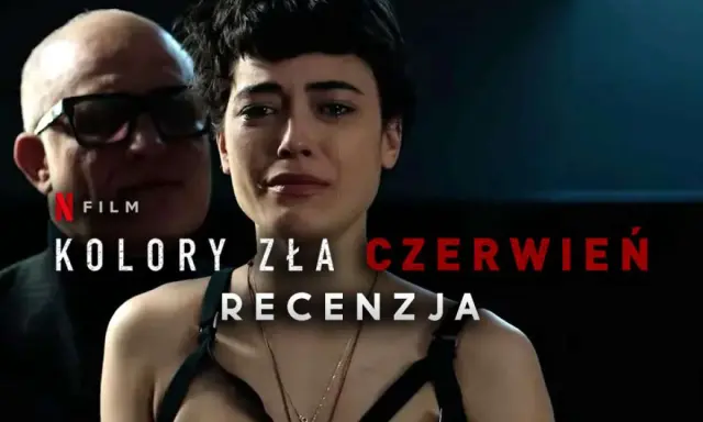 Płacz kobiety w czerni, obok niej mężczyzna w okularach. Napis "Kolory zła czerwień" sugeruje mroczną historię.
