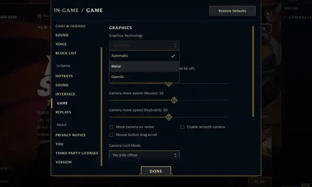 Ustawienia grafiki w League of Legends na Macu. Wybór technologii graficznej, prędkości kamery i trybu blokady kamery.
