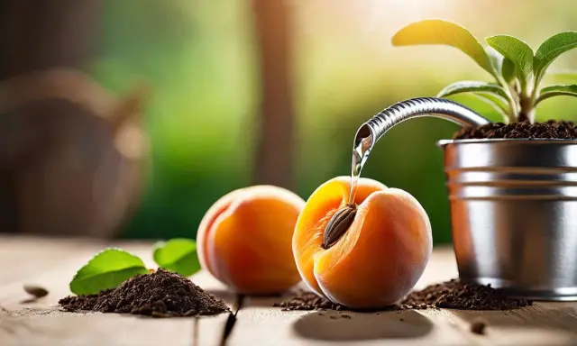 Un noyau d'abricot est arrosé, prêt à être planté. Une jeune pousse grandit dans un pot.