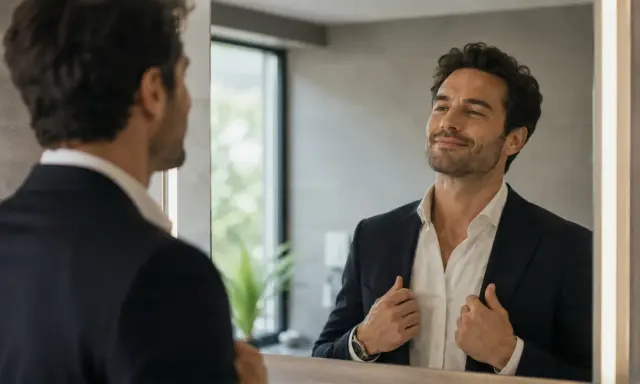 Uomo in giacca e camicia bianca si guarda compiaciuto allo specchio. Impara come comportarsi con un narcisista.