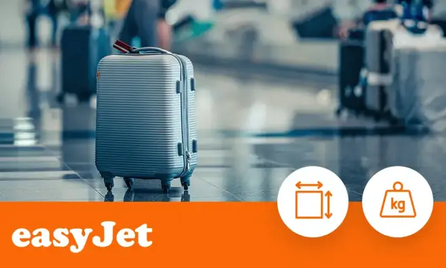 Szara walizka na lotnisku, obok ikon wymiarów i wagi. Logo easyJet.