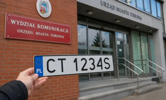 Tablica rejestracyjna CT 1234S przed Wydziałem Komunikacji Urzędu Miasta Torunia.