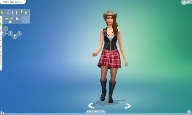 Symulator życia z **mod na więcej cech the sims 4**. Dziewczyna w kowbojskim kapeluszu i kratce.