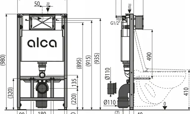 Schemat techniczny stelaż podtynkowy WC Alca z wymiarami: wysokość 980 mm, szerokość 510 mm, głębokość regulowana 125-250 mm.