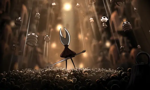 Hornet, bohaterka Hollow Knight: Silksong, stoi na tle tłumu i unoszących się postaci.