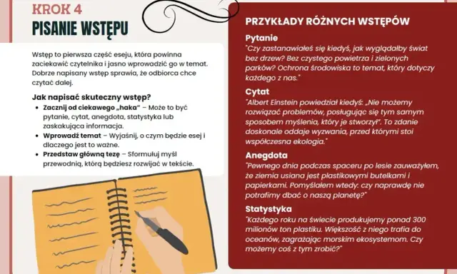 Jak napisać skuteczny wstęp do eseju? Poznaj przykłady: pytanie, cytat, anegdota, statystyka. Dobry wstęp to klucz do zainteresowania czytelnika.
