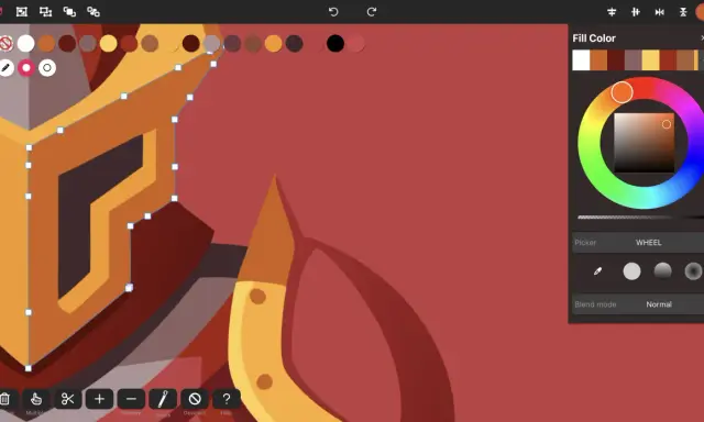Interfaz de diseño gráfico mostrando cómo se vectoriza una imagen, con herramientas de color y selección activas.