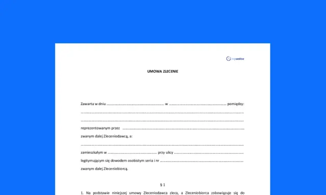 Umowa zlecenie 2026 zmiany. Dokument zawiera nagłówek "UMOWA ZLECENIE" oraz pola do wypełnienia danych stron i szczegółów umowy.