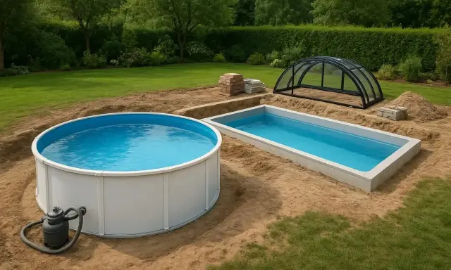 Två pooler, en rund och en rektangulär, grävs ner i marken. En kupolformad pooltäckning står redo.