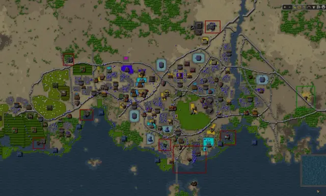 Mapa z gry Songs of Syx: rozbudowana osada nad wodą, z polami, lasami i zaznaczonymi obszarami.