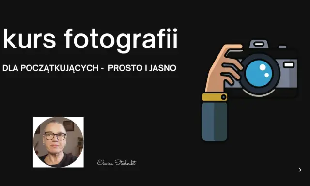 Kurs fotografii dla początkujących. Ilustracja dłoni trzymającej aparat, zdjęcie prowadzącej i napis.