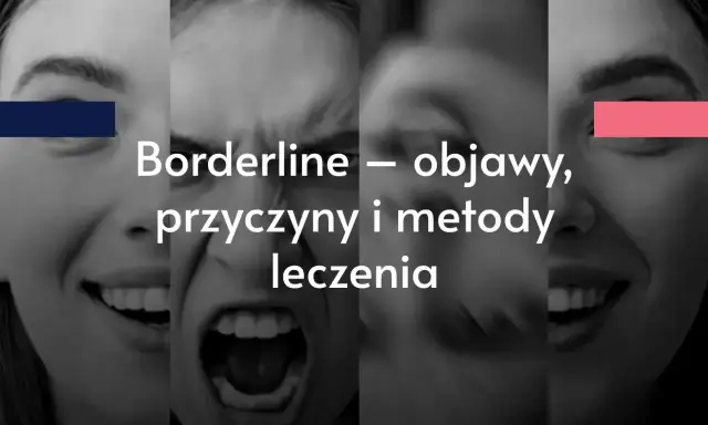 Cztery twarze wyrażające skrajne emocje, od radości po złość. Tekst: "Borderline – objawy, przyczyny i metody leczenia".
