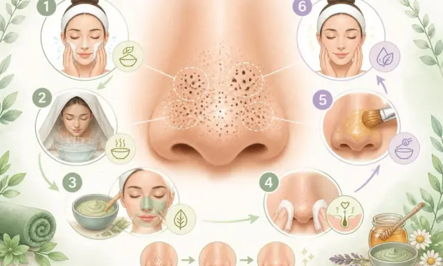 Étapes pour l'extraction de gros points noirs sur le nez : nettoyage, vapeur, masque, extraction douce, application de miel et soin final.