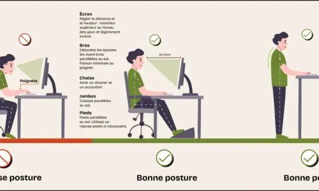 Illustration comparant une mauvaise posture au bureau à deux bonnes postures, assise et debout, pour un meilleur confort.