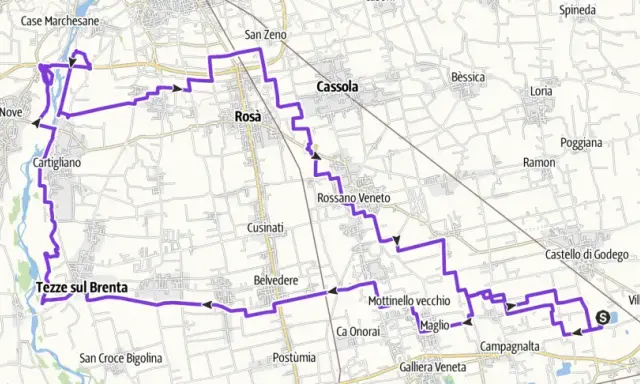 Percorso ciclabile nel Veneto, con tappe a Marostica, Tezze sul Brenta e Castelfranco Veneto. Un itinerario ideale per un'avventura in veneto gravel gpx.