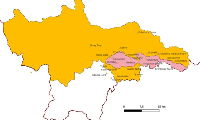 Mapa Pienin, pokazująca granice województwa i miejscowości takie jak Nowy Targ, Krościenko nad Dunajcem, Sromowce Niżne.