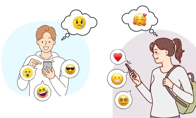 En kille och en tjej använder sina mobiler. Deras tankebubblor visar olika emojis, från glädje till förvirring. Kanske funderar de på vad skam betyder i digital kommunikation.