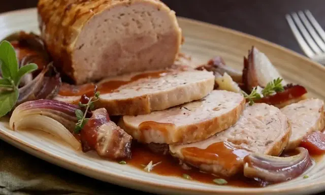 Un succulento arrosto di tacchino affettato, servito con cipolle rosse caramellate e salsa bruna su un piatto rustico.