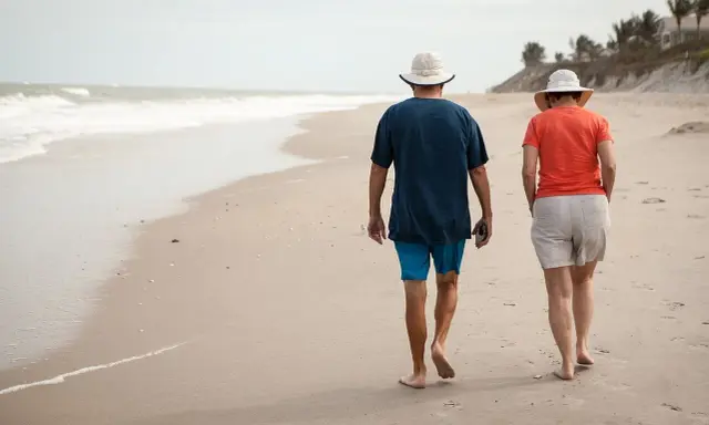 Spacerem po plaży idą emeryci. Słońce, morze i piasek tworzą idealne tło dla ich wspólnego wypoczynku.