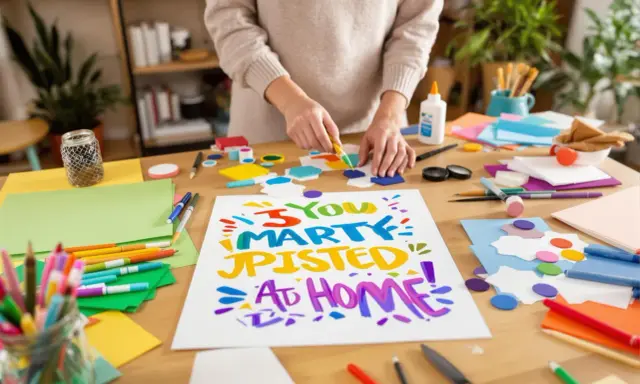 Kolorowy plakat z napisem "You Marty Pisted At Home!" tworzony jest na stole pełnym materiałów plastycznych. Widać kredki, pisaki, nożyczki i klej.