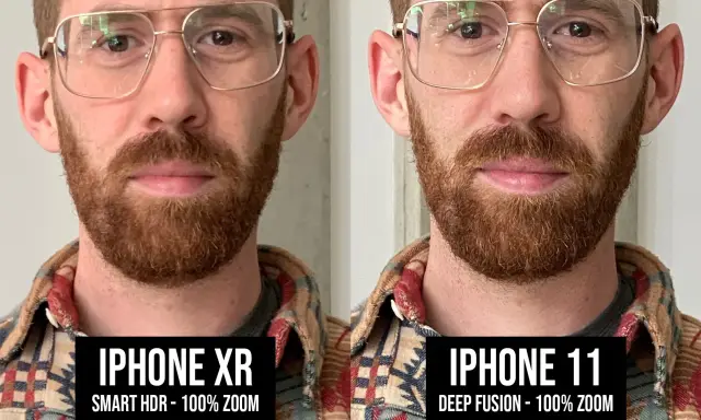 Comparación de retratos: iPhone XR con Smart HDR y iPhone 11 con deep fusion. Ambos a 100% de zoom.