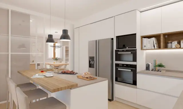 Cucina moderna con isola e sgabelli, elettrodomestici integrati e soluzioni per ottimizzare gli spazi.