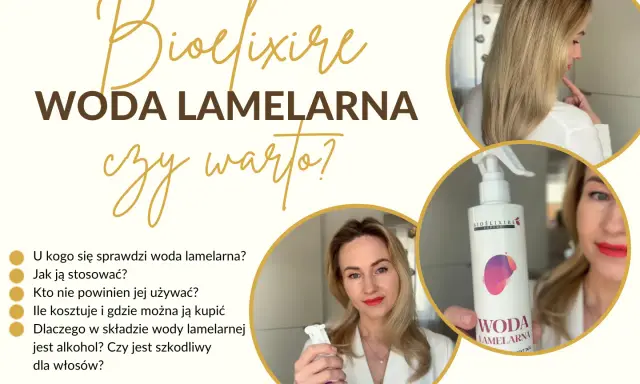 Woda lamelarna Bioélixire: poznaj jej efekty, zastosowanie i skład. Kobieta prezentuje produkt i odpowiada na pytania dotyczące pielęgnacji włosów.