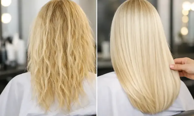 Prima e dopo: capelli decolorati, crespi e spenti trasformati in una chioma liscia, luminosa e sana.