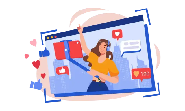 Dziewczyna z selfie stickiem nagrywa filmik. Ikony serduszek i kciuków w górę sugerują popularny wpis na bloga po angielsku tematy.
