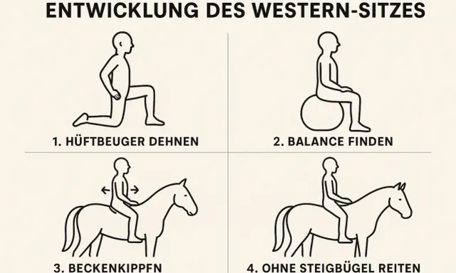 Übungen zur Entwicklung des Western-Sitzes: Hüftbeuger dehnen, Balance finden, Becken kippen und reiten ohne Steigbügel – so wird das Westernreiten gemeistert.